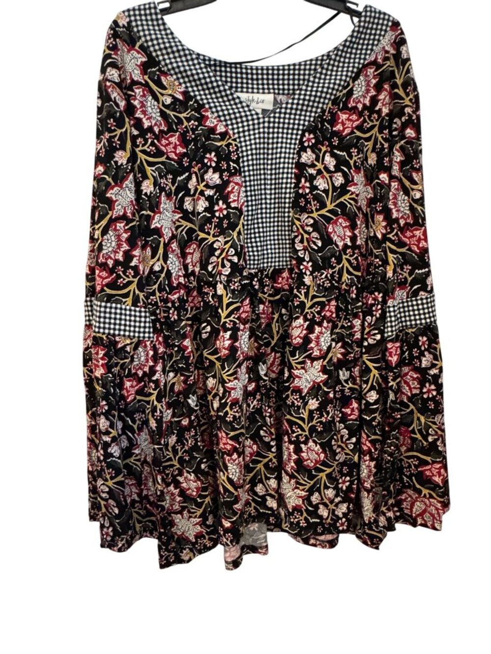 Style & Co XL Floral & Gingham Boho Tunic Top Black Red Polyester Blend